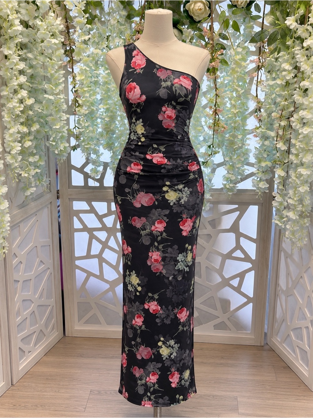 Asymmetric Black Floral Evening Gown